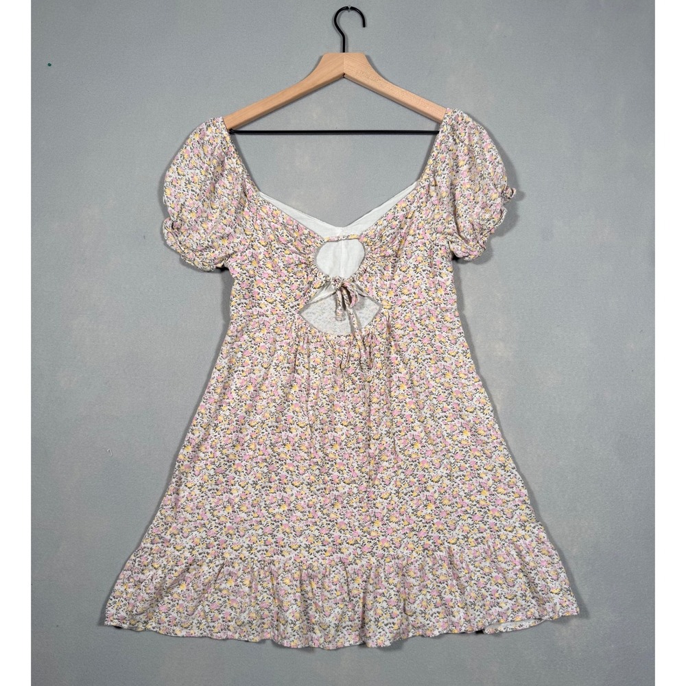 Wild Fable Floral Puff Sleeve Mini Dress Pink Yellow Cutout Back Size M - Picture 5 of 7